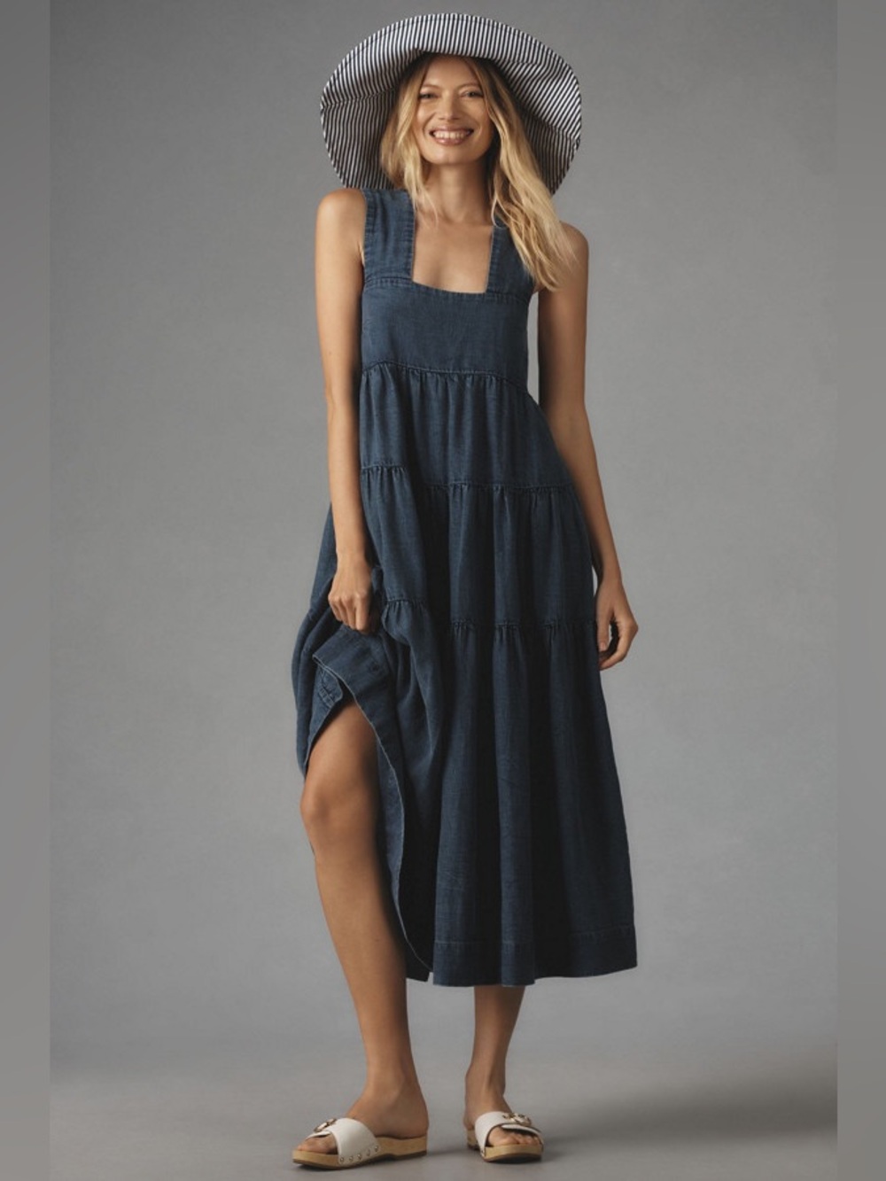 Anthropologie The Helena Square-Neck Tiered Midi Dress: Smocked Denim Edition